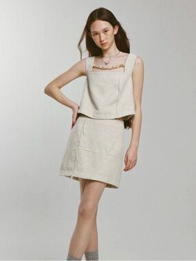 Linen Fishbone Textured Sand Beige Vacation Set Sleeveless Top & Mini Skirt